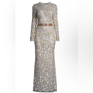 Mac Duggal LONG SLEEVE EMBELLISHED BEADED SEQUIN GOWN DRESS